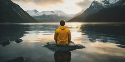 homem viagem caminhada rio natureza montanha lago água capa amarelo voltar. generativo ai. foto