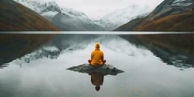 costas homem viagem capa montanha natureza caminhada amarelo caminhante lago água. generativo ai. foto