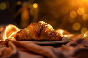 croissant beber mesa bokeh fundo fundo padaria manhã Comida França copo café da manhã. generativo ai. foto