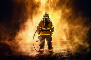 lutador bombeiro bombeiro resgate segurança uniforme fogo equipamento emergência fumaça. generativo ai. foto