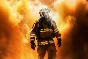 emergência bombeiro fumaça equipamento bombeiro uniforme resgate fogo segurança lutador. generativo ai. foto