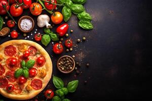 pizza fundo tomate mesa queijo velozes espaço Comida Comida refeição italiano Preto cópia de. generativo ai. foto