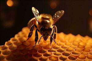 macro ouro fundo querida natureza abelha amarelo pólen animais selvagens inseto fechar-se. generativo ai. foto