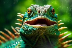 lagarto réptil iguana animal animais selvagens retrato verde fechar-se óculos escala. generativo ai. foto