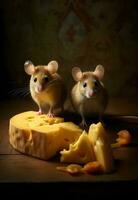 dois fofa ratos e queijo em uma de madeira mesa. Sombrio fundo ai gerado foto