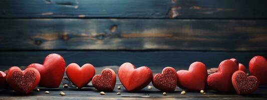 imagem do vermelho corações em mesa foco do corações com melhor mesa fundo papel de parede. dia dos namorados dia conceito. generativo ai foto