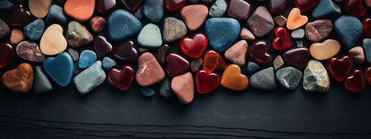 foto do diferente cor corações em mesa foco do corações pedra forma pedra ícone com azul Sombrio melhor fundo. dia dos namorados dia conceito. generativo ai