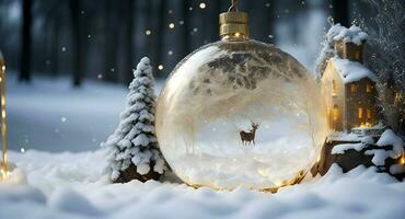 uma inverno cena do festivo ouro e branco Natal enfeites, envolto dentro uma vidro neve globo. ai gerado foto