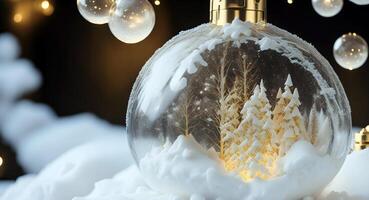 uma inverno cena do festivo ouro e branco Natal enfeites, envolto dentro uma vidro neve globo. ai gerado foto