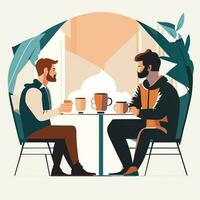 2 pessoas estão bebendo café e falando foto