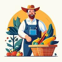 sorridente masculino agricultor ou jardineiro dentro uniforme detém cesta do maduro legumes e frutas. trabalhos e colheita. foto