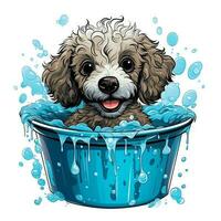 fofa cachorro levando uma banho em uma balde isolado em branco fundo. desenho animado ilustração estilo. ai generativo foto