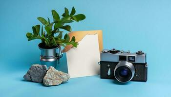 Câmera foto com papel fita pedras e plantas com uma avião colori fundo generativo ai