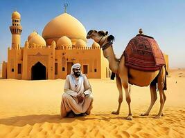 foto com uma camelo deserto homem e mesquita