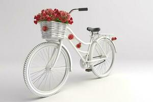 uma bicicleta com uma cesta e flores, uma encantador cena ai gerado foto