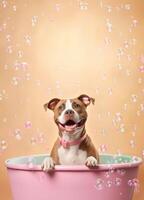 fofa americano Cova touro cachorro dentro uma pequeno banheira com Sabonete espuma e bolhas, fofa pastel cores, generativo ai. foto