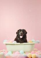 fofa Terra Nova cachorro dentro uma pequeno banheira com Sabonete espuma e bolhas, fofa pastel cores, generativo ai. foto