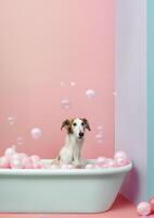 fofa borzoi cachorro dentro uma pequeno banheira com Sabonete espuma e bolhas, fofa pastel cores, generativo ai. foto