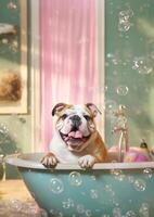 fofa buldogue cachorro dentro uma pequeno banheira com Sabonete espuma e bolhas, fofa pastel cores, generativo ai. foto