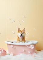 fofa Shiba inu cachorro dentro uma pequeno banheira com Sabonete espuma e bolhas, fofa pastel cores, generativo ai. foto