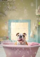 fofa buldogue cachorro dentro uma pequeno banheira com Sabonete espuma e bolhas, fofa pastel cores, generativo ai. foto