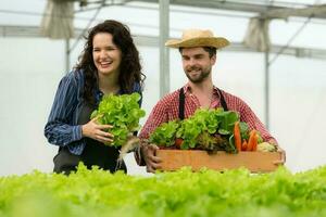 ambos pequeno o negócio os Proprietários ter orgânico vegetal jardins, elas colheita fresco legumes para entregar para consumidores. foto
