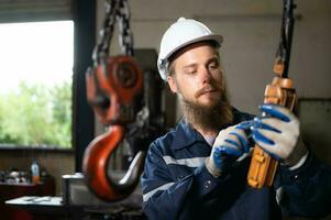 técnicos inspecionando e teste a Operação do elevação guindastes dentro pesado industrial plantas. foto