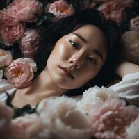 ai gerado retrato do uma mulher deitado entre flores foto