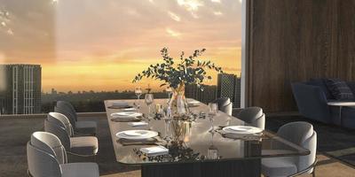 sala de jantar luxuosa com luz solar e panorama da cidade fundo elegante 3d render ilustração cor brilhante design interior