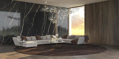 Fundo moderno e luxuoso com janelas panorâmicas e ilustração de renderização em 3D com vista do pôr do sol foto