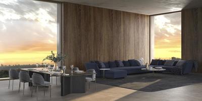 luxuosa sala de estar aberta com simulação de parede de madeira e grandes janelas com vista para o céu noturno 3d rendem a ilustração com cores brilhantes design de interiores