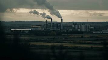 poluente fábrica fundo com grande quantidade do Preto fumaça chaminés, Produção emissões, natureza poluição tema foto