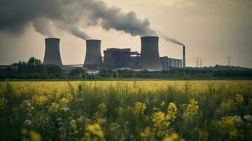 poluente fábrica fundo com grande quantidade do Preto fumaça chaminés, Produção emissões, natureza poluição tema foto