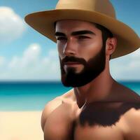 Boa olhando homem com verão chapéu e mar de praia fundo foto