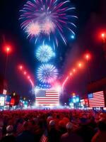 celebração americano independência dia poster com fogos de artifício. generativo ai foto