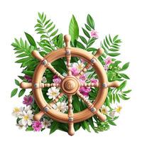 3d náutico, marinho, floral ilustração com de madeira volante, ai generativo foto