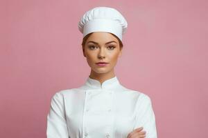 fêmea chefe de cozinha dentro branco uniforme em pé foto