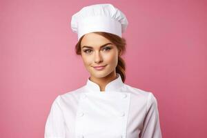 fêmea chefe de cozinha dentro branco uniforme em pé foto