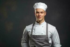 feliz jovem chefe de cozinha posando dentro uniforme foto