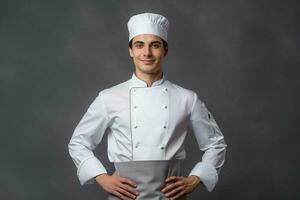 feliz jovem chefe de cozinha posando dentro uniforme foto