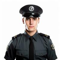 uma homem vestindo uma polícia uniforme carrinhos contra uma branco fundo. foto