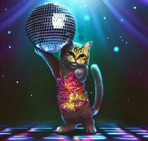 ai gerar foto um-gato-vestindo-uma-roupa-discoteca-debaixo-de-uma-discoteca bola, digital arte