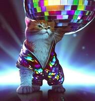 ai gerar foto um-gato-vestindo-uma-roupa-discoteca-debaixo-de-uma-discoteca bola, digital arte