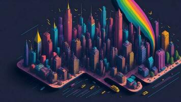 desenho animado estilo futuro conceito arco Iris gradiente cidade, arranha-céus edifícios ai gerado foto