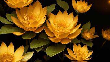 dourado amarelo lótus flor com Sombrio fundo ai gerado foto