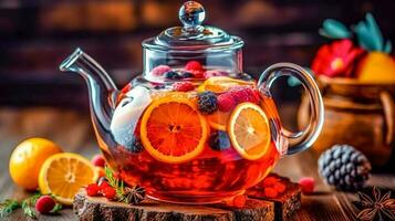 caseiro fruta bebida, fresco chá dentro uma vidro bule de chá, fez com generativo ai foto