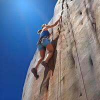 uma mulher escalada em uma escalada uma montanha, generativo ai ilustração. foto