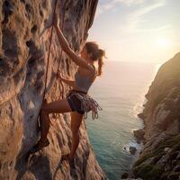 uma mulher escalada em uma escalada uma montanha, generativo ai ilustração. foto