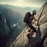 uma mulher escalada em uma escalada uma montanha, generativo ai ilustração. foto