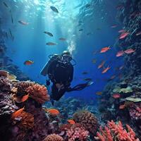 mergulho mergulho.subaquático cena lindo mar vida. mergulho mergulhador, explorar e apreciar às coral recife. generativo ai ilustração. foto